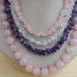 Vintage Gemstone Set of Necklaces, Rose Quartz, Amethyst, Clear Quartz,  Hand Knotted Bead Necklace, Nugget Necklace, Set of 4, Gift Idea