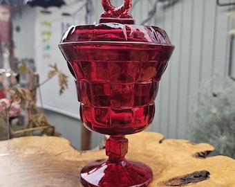 Vintage Ruby Red Viking Dalzell Glass Candy Dish with Ring Handle Lid, Art Glass, Mid Century Home Decor, Retro Home, Gift Idea,