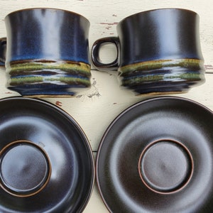 Denby Mugs and Saucers, Set of 2 Flat Cups, Coffee Mugs, Pottery, Stoneware Serving, England, Glazed Pottery Mug, Brown & Blue Pottery