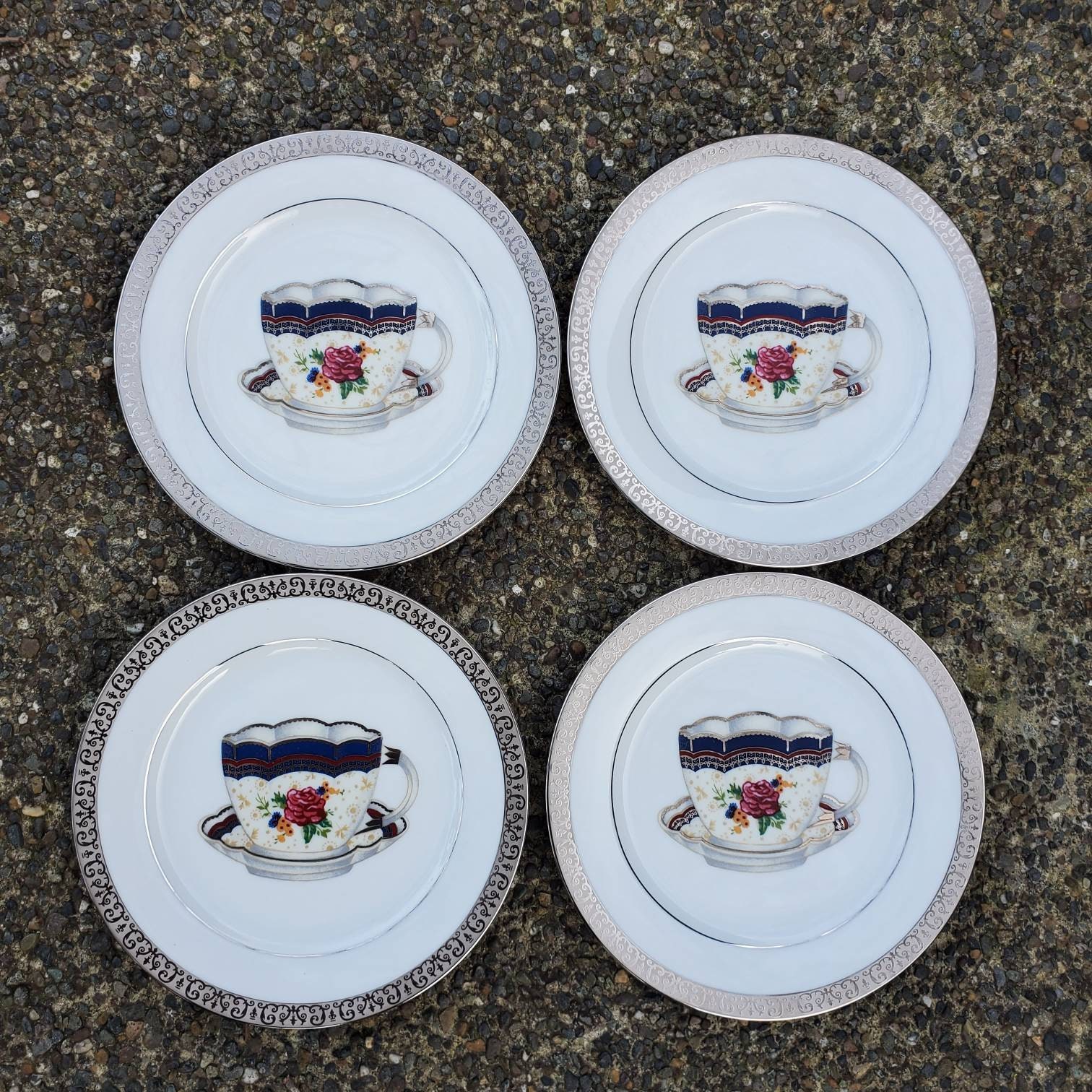 Vintage White Plates with Teacup & Saucer Design Platinum Etsy