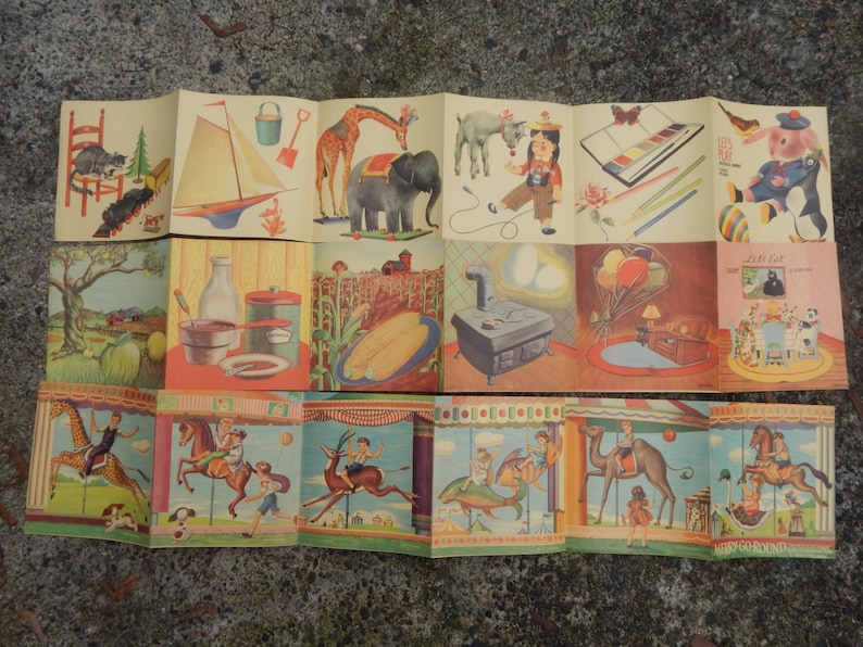 Vintage Childrens Illustrated, Fold Out Books, Collectible Panoramic Books, Lets Eat Lets Play, and Merry Go Round Book, Illustrated Books image 2