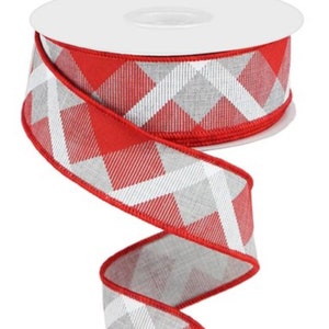 Plaid Christmas Ribbon, Valentine Ribbon, Red Gray White Plaid Ribbon, Wired Ribbon, Wreath Supply, Wired Plaid Ribbon, 10 yards