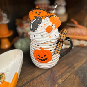 Fake Bake Jack-O-Lantern Mug, Halloween Pumpkin Mug, Faux Halloween Drink, Tiered Tray Decor, Halloween Party Table Decor, Coffee Bar Decor