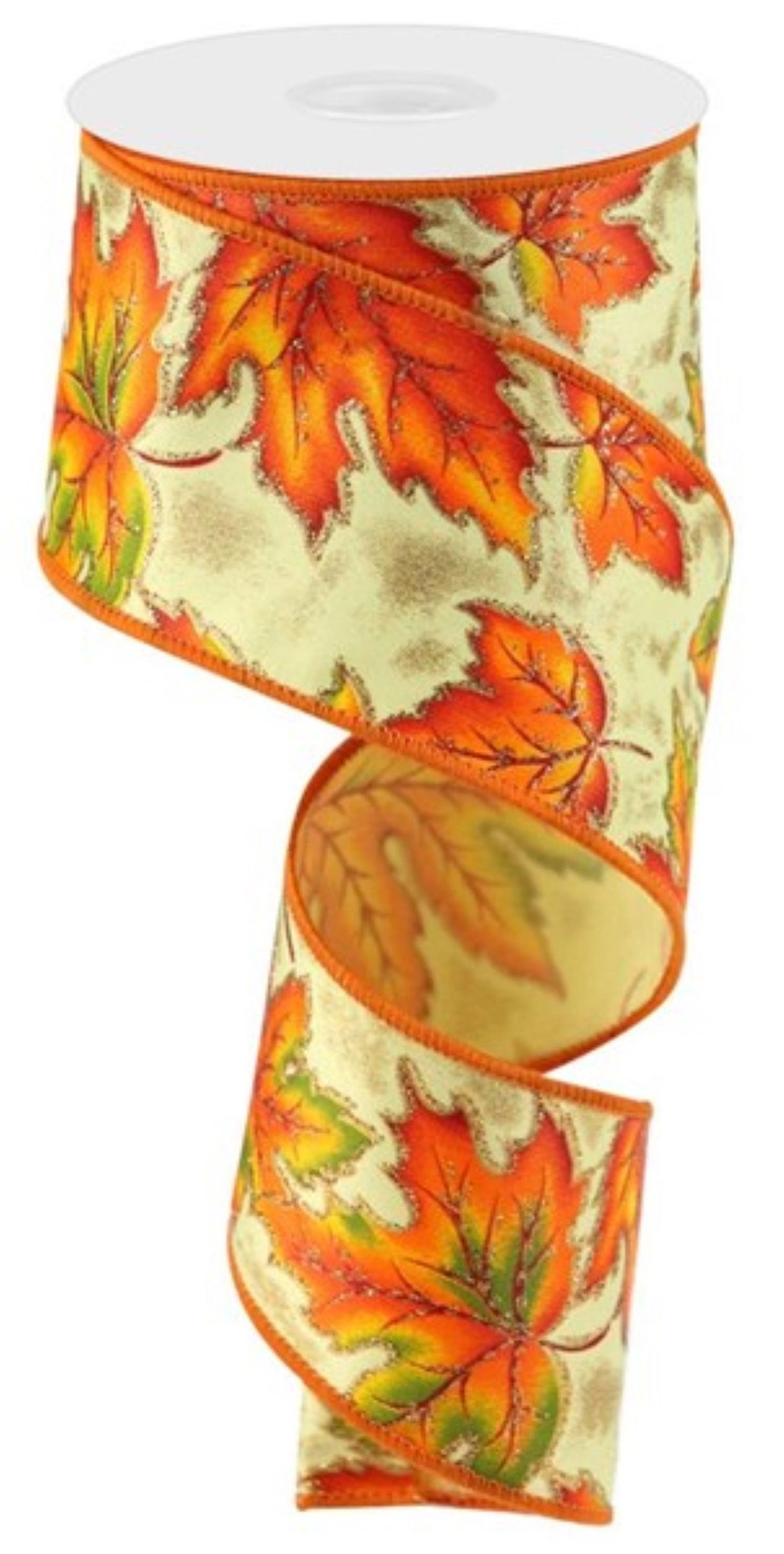 Fall Wired Ribbon Autumn Leaves, Glittered Leaves Fall Ribbon, Green ...
