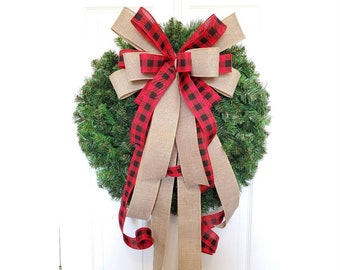 Farmhouse Tree Topper Bow, Lantern Bow, Christmas Wreath Bow, Buffalo Plaid Christmas Bow, Farmhouse Christmas Bow, Christmas Mailbox Bow