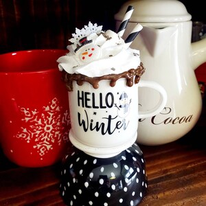 Fake Hot Cocoa Drink, Faux Hot Chocolate Drink, Tiered Tray Decor, Winter Snowman Mug, Fake Bake Drink, Christmas Party Decor, Winter Decor