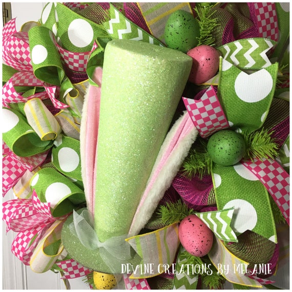 Easter Wreath Easter Bunny Wreath Pink And Lime Green Easter Wreath Spring Wreath Easter Mesh Wreath Easter Decor Spring Decor - 