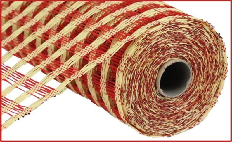 Burlap Mesh Beige and Red Poly Burlap Check Mesh Beige Mesh Craft Supplies Red Mesh Wreath Supplies 10 inch Mesh Mesh for Wreath