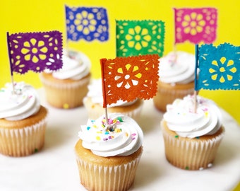 Mexican party decorations, set of 12 cupcake toppers, cupcake decorations, cupcake flags, papel picado banner, Mexican fiesta supplies