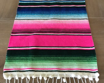 Mexican Sarape table runner, Southwestern pink, Mexican party supplies, Fiesta decorations, striped rainbow. Baby shower, Pompoms OPTIONAL