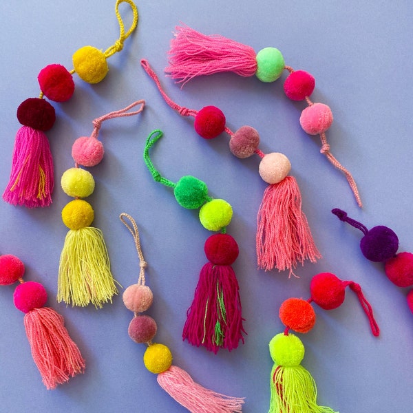 Bohemian Pom pom tassel, bright colors, pompom charm, Boho wedding, colorful tassel, fiesta napkin ring, Boho charm, colorful pom poms
