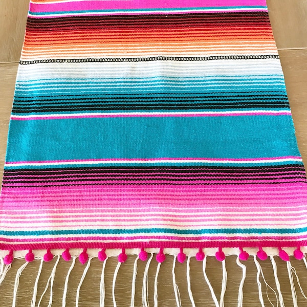 Couverture mexicaine, chemin de table Serape, turquoise du sud-ouest, fournitures de fiesta mexicaine, décor de fête Cactus, Cinco de Mayo, pompons FACULTATIF