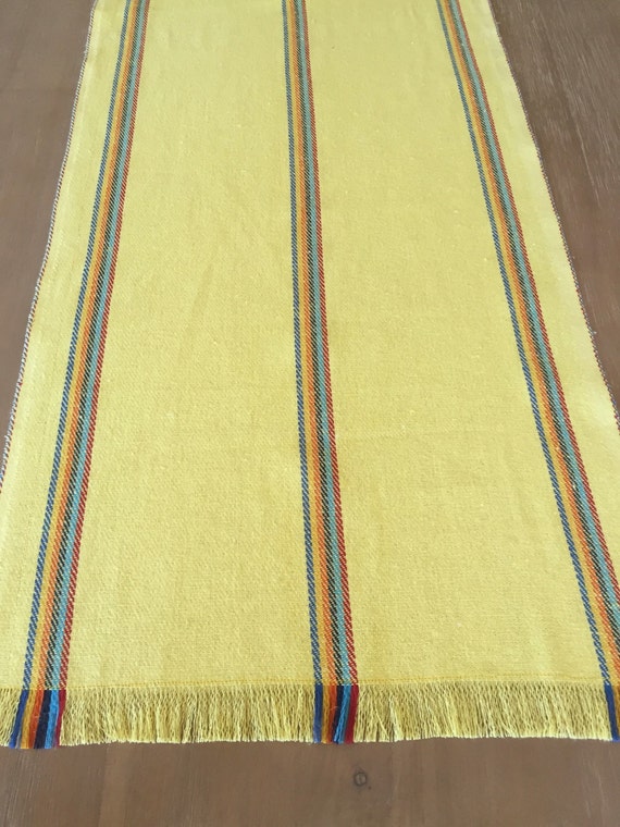 Mexican table runner, yellow rustic jerga style, boho chic linens, rainbow accents, ends with fringe, Fiesta party supplies, bohemian look. Il_570xn