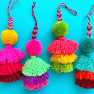 Bright Mexican Pom pom tassel, LARGE tassel, pompom bag charm, knob hanger, fiesta supplies, Mexican party decor, Boho charm, party favors