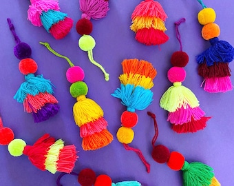 Pom pom tassel, bohemian tassel, pompom bag charm, knob hanger, fiesta supplies, Mexican party decorations, Boho charm, gift ideas