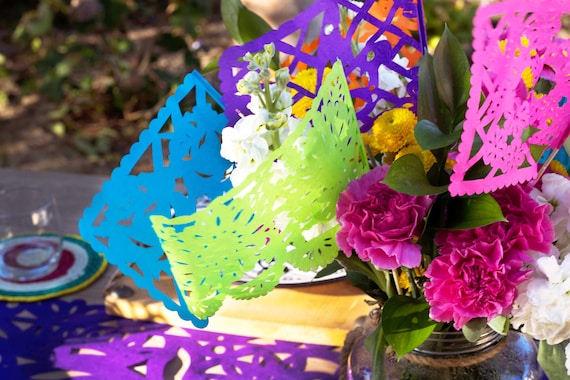 Mexico party, Fiesta decoration, Mexican Papel picado centerpiece flags, Set of 12, Rainbow colors, Cinco de Mayo, cactus, bridal shower Il_570xn