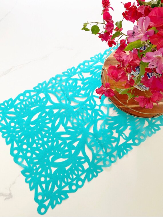 Mexican wedding, papel picado table runner, turquoise synthetic fabric, fiesta decorations, Cinco de Mayo party supplies, lace look runner Il_570xn