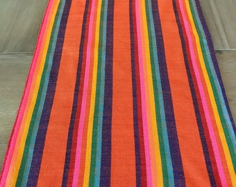 Rainbow party, Mexican decorations, Mexican table runner or tablecloth, striped orange fabric, kids party linens, bridal or baby shower