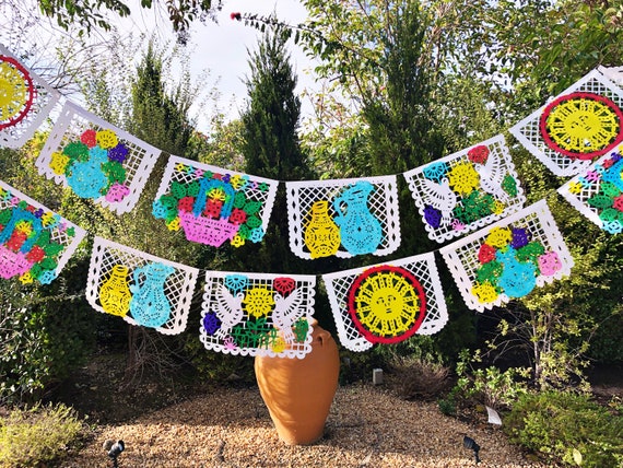 Fiesta decorations, Mexican papel picado banner, hand painted paper garland, fiesta decor, Mexican party decorations, bridal shower banner Il_570xn