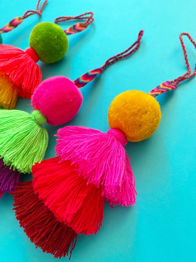 Bright Mexican Pom pom tassel large tassel pompom bag charm Etsy