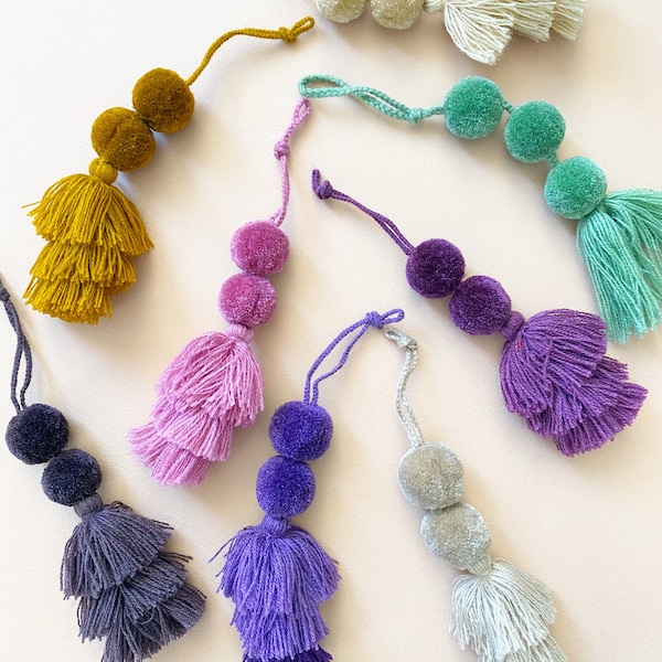 Bohemian Pom pom tassel, Parisian colors, pompom charm, Boho wedding, fancy table setting, wedding napkin ring, Boho charm, invitation charm