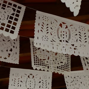 Mexican papel picado banner, all white assorted pattern bunting, cut tissue paper or plastic, fiesta party supplies, bridal shower banner image 4