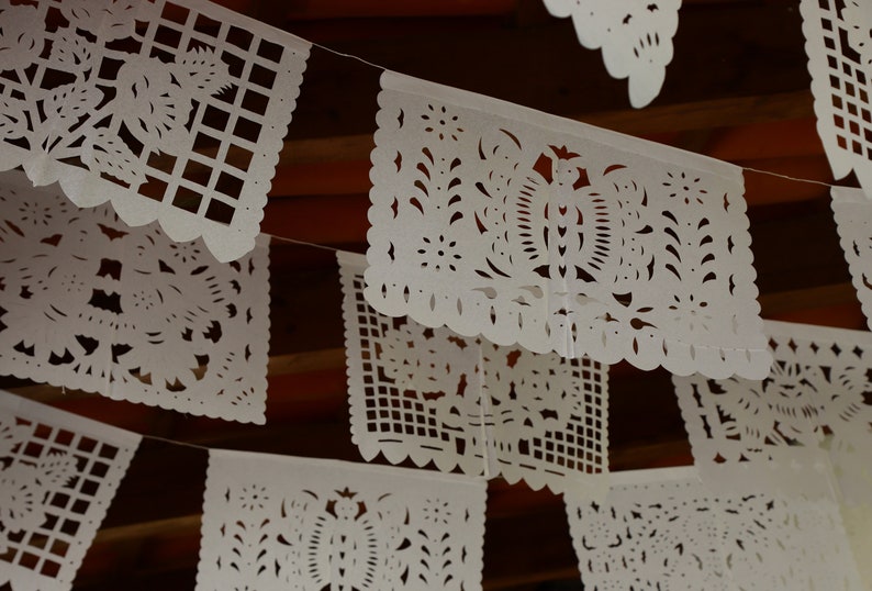 Mexican papel picado banner, all white assorted pattern bunting, cut tissue paper or plastic, fiesta party supplies, bridal shower banner image 4