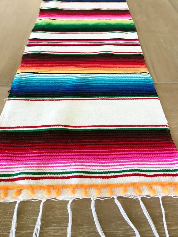 Mexican Serape table runner, Llama party decor, tribal linens, Fiesta decorations, striped rainbow white, pompoms OPTIONAL, Mexican fiesta Il_570xn