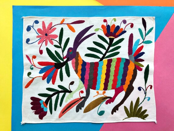 Otomi Tenango, Mexican placemat, hand embroidered folk textile, Otomi fabric, Otomi design for Mexican fiesta, Mexican wall art, bohemian Il_570xn