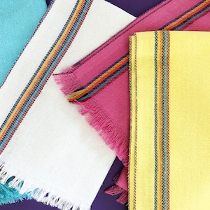 Mexican table runner, white rustic jerga style, boho chic linens, rainbow accents, Fiesta party supplies, Bohemian Llama party