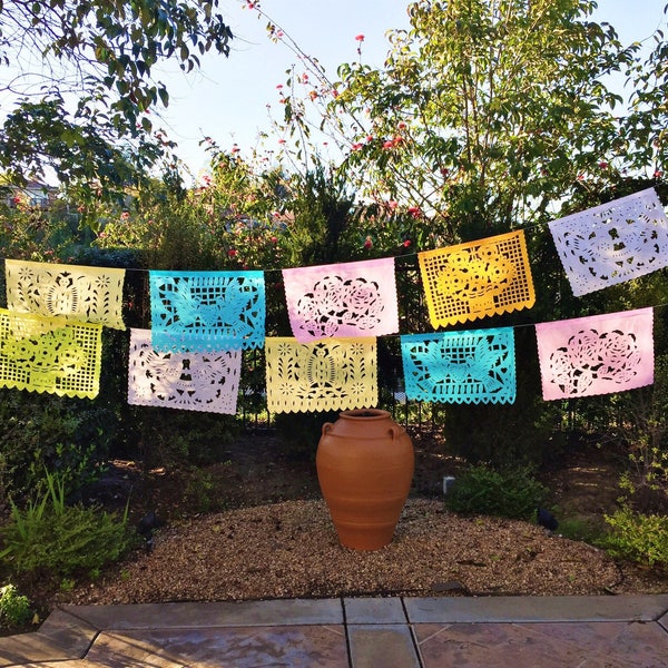 Mexican papel picado garland, pastel color bunting, cut tissue paper, fiesta party supplies, party decorations, destination wedding decor