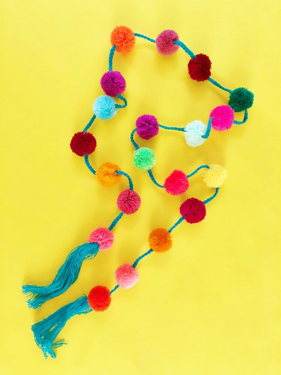 Pom pom garland rainbow, yarn garland , fiesta supplies, Mexican party decorations, Mexican pom pom strand, 1 strand, 58" long Il_570xn