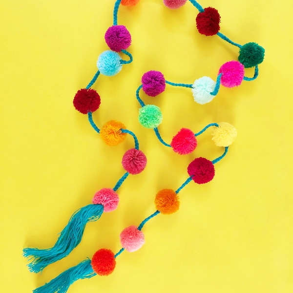 Rainbow Pom Pom Garland: 58" Yarn Fiesta Party Decor