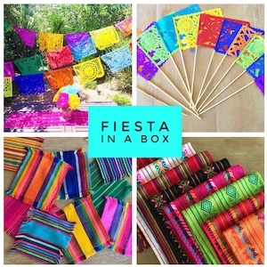 FIESTA IN A PACK, Mexican party decorations pack, 1 papel picado banner, 1 table runner, 6 cocktail napkins and 1 set of centerpiece fiesta