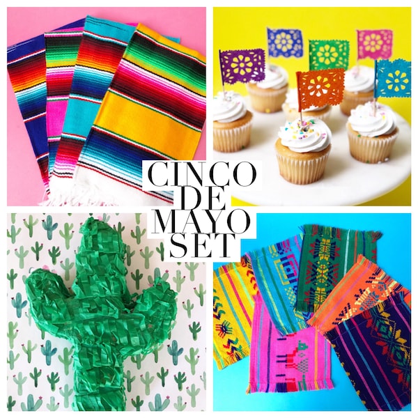 Cinco de Mayo Fiesta Set: Serape Placemats, Cactus Piñata, Papel Picado Flags