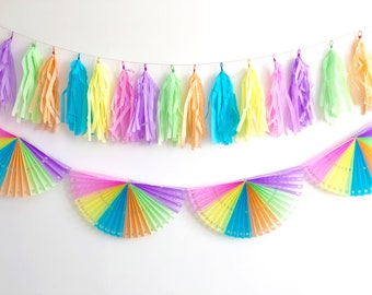 Pastel decorations, Pastel tassel and fan garland kit, unicorn party decorations, girls birthday party set, Llama backdrop wall hanging