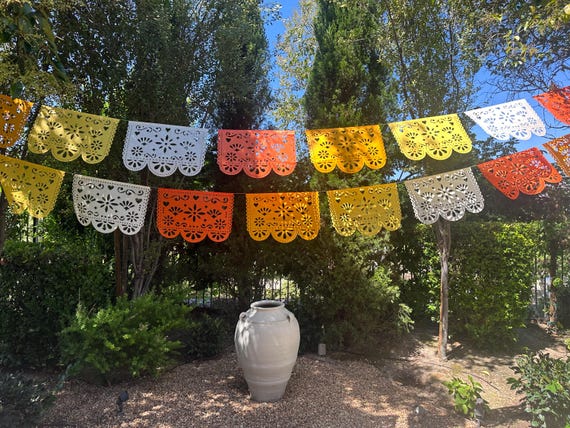 Orange Papel Picado Banner: Mexican Fiesta Decor, Dia de Muertos