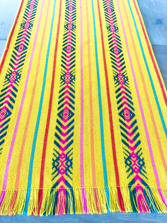 Mexican Fiesta table runner, tablecloth or napkins. Yellow embroidered, Serape fabric, Southwestern style, Mexican fiesta decorations Il_570xn