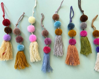 Bohemian Pom pom tassel, Parisian colors, pompom charm, Boho wedding, fancy table setting, wedding napkin ring, Boho charm, invitation charm