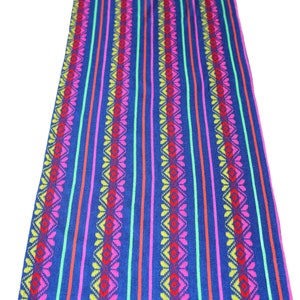 Mexican fiesta table runner, 72” blue embroidered, Serape folk fabric, Southwestern style, bohemian wedding, artisan table linens