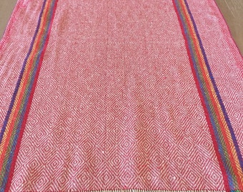 Rustic table runner, Mexican red jerga style, boho chic linens, rainbow accents, ends with fringe, Bohemian Fiesta party supplies