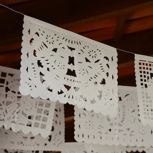 Mexican papel picado banner, all white assorted pattern bunting, cut tissue paper or plastic, fiesta party supplies, bridal shower banner image 1