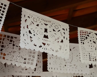 White Mexican Papel Picado Banner: Wedding Fiesta Decor