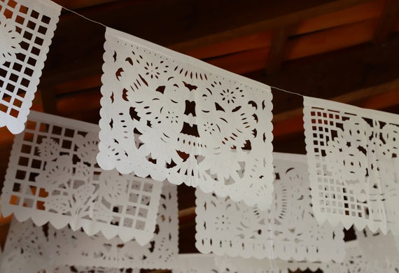 Mexican papel picado banner, all white assorted pattern bunting, cut tissue paper or plastic, fiesta party supplies, bridal shower banner Il_570xn