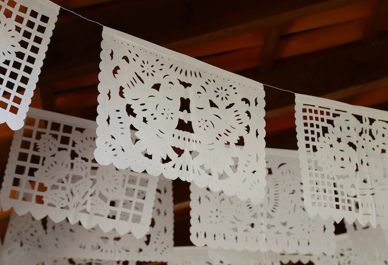 Mexican papel picado banner, all white assorted pattern bunting, cut tissue paper or plastic, fiesta party supplies, bridal shower banner image 1