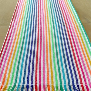 Rainbow table runner, tablecloth or napkins. Colorful white striped fabric, Mexican fabric, Boho chic decor, Southwestern table decor
