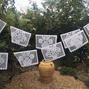 Mexican papel picado banner, all white assorted pattern bunting, cut tissue paper or plastic, fiesta party supplies, bridal shower banner image 2