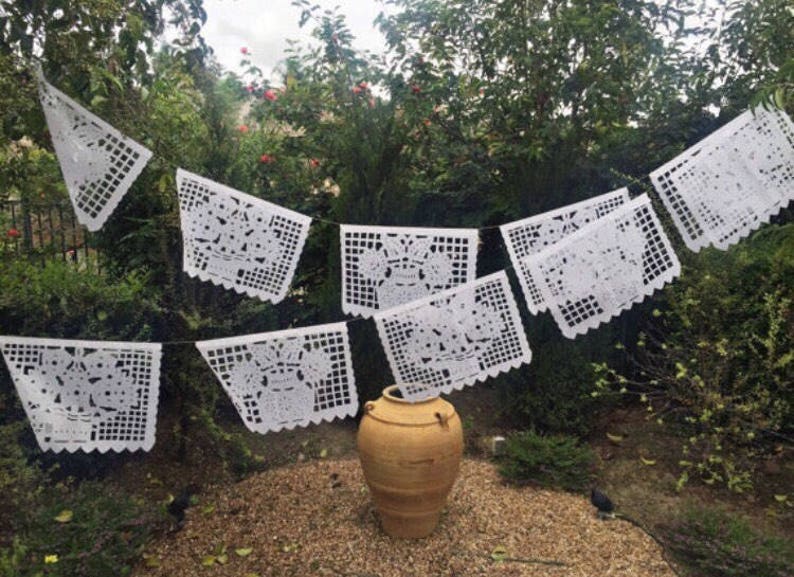 Mexican papel picado banner, all white assorted pattern bunting, cut tissue paper or plastic, fiesta party supplies, bridal shower banner image 2