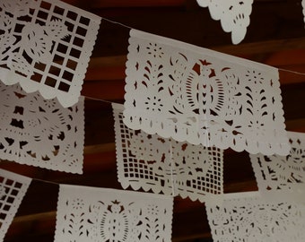 Mexican papel picado, 5 PACK, all white floral bunting, wedding banner, Fiesta, Mexican party supplies, wedding decorations, bulk pricing