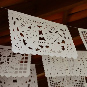 Mexican papel picado banner, all white assorted pattern bunting, cut tissue paper or plastic, fiesta party supplies, bridal shower banner image 3